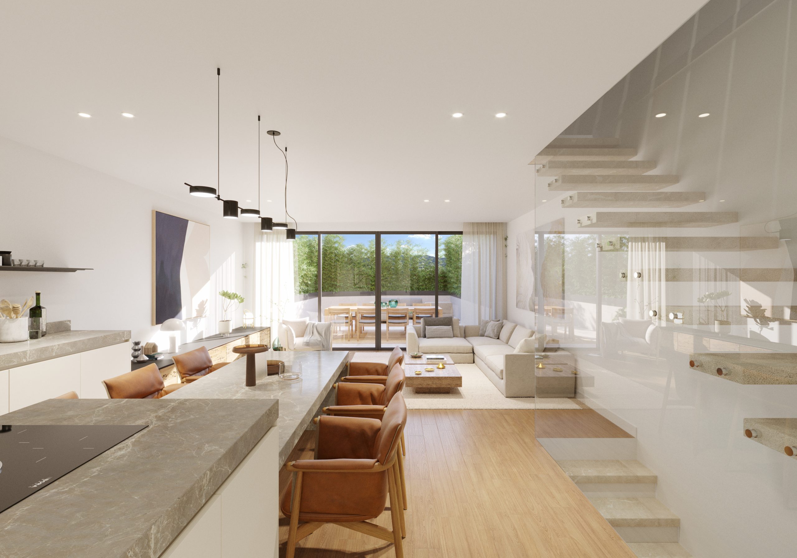 Render interior de salón moderno y luminoso